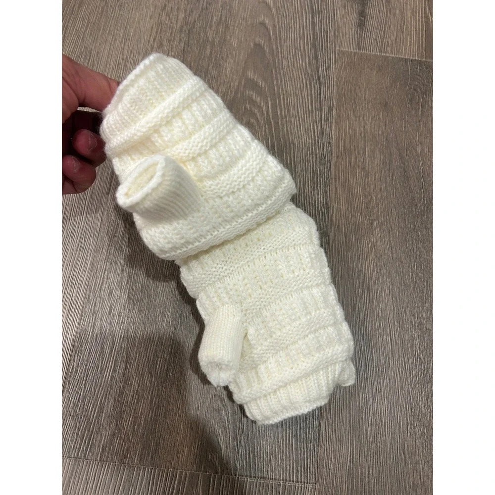 C.C Ivory Cable Knit Sherpa Lined Fingerless Gloves FLG-25 Womens Winter Mittens